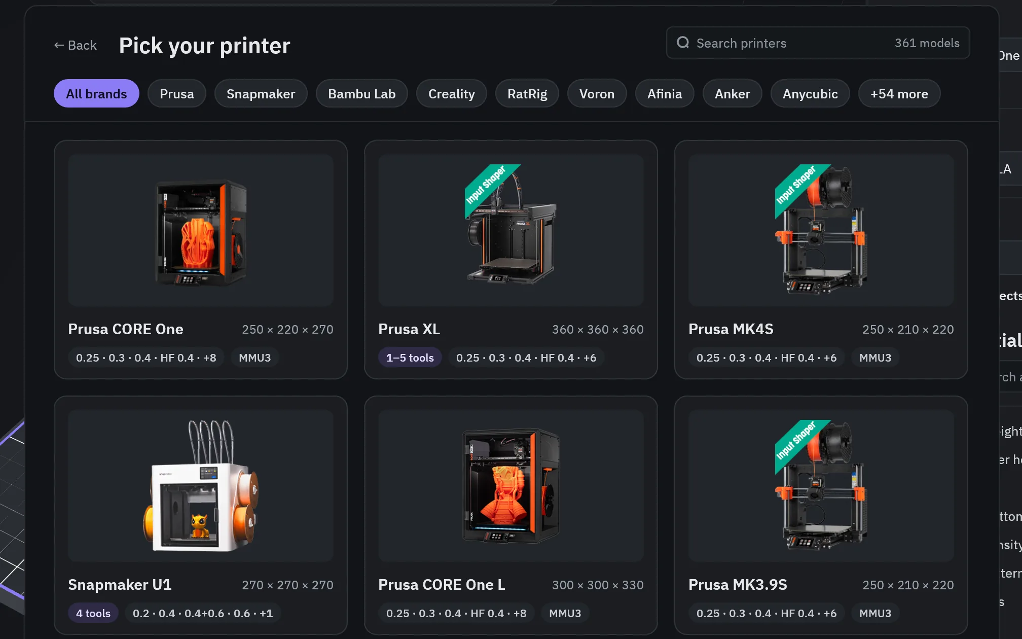 The Add printer gallery with cards for the Prusa CORE One, XL, MK4S and the Snapmaker U1