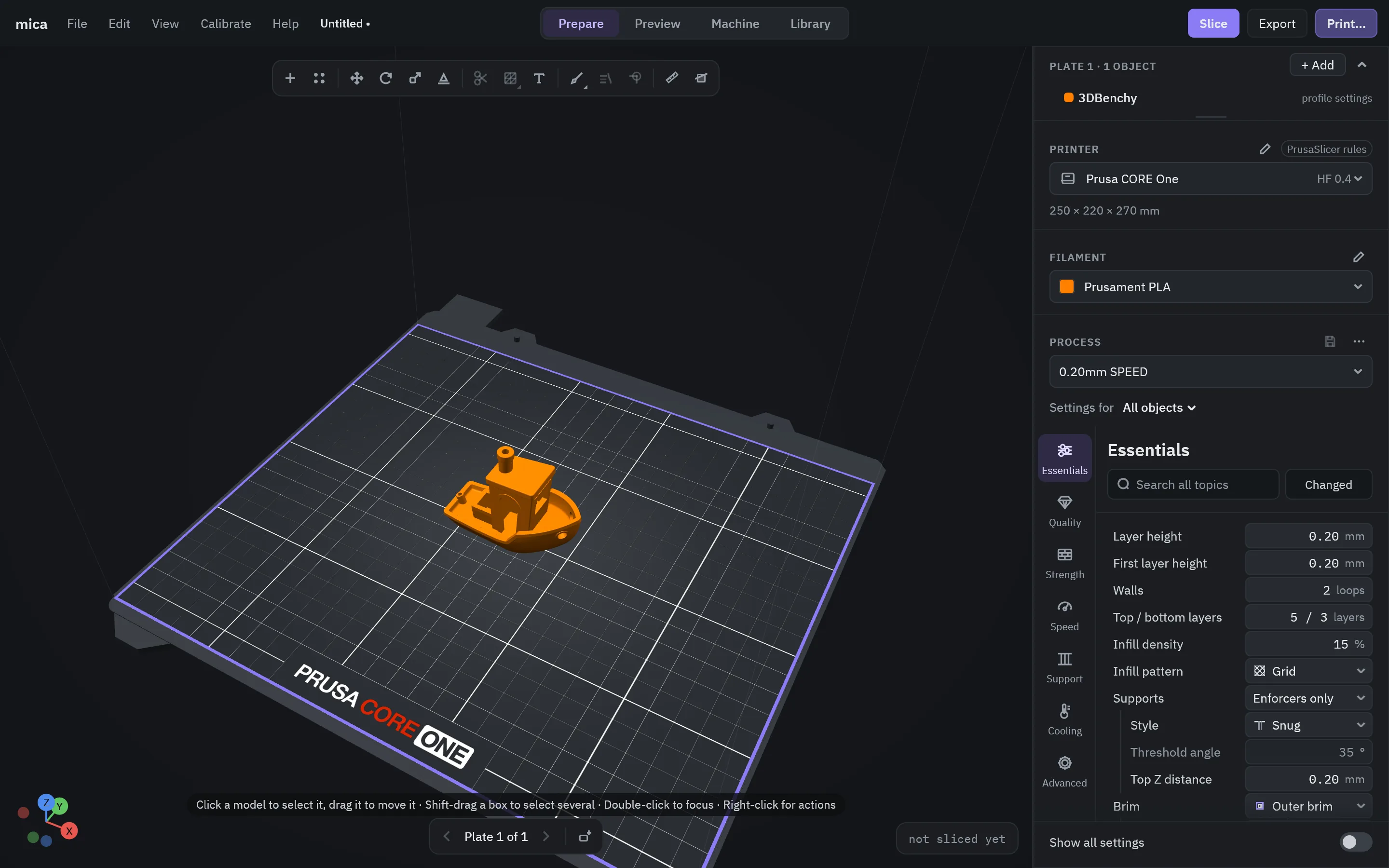 Prepare view with a 3DBenchy on the Prusa CORE One bed and the settings sidebar