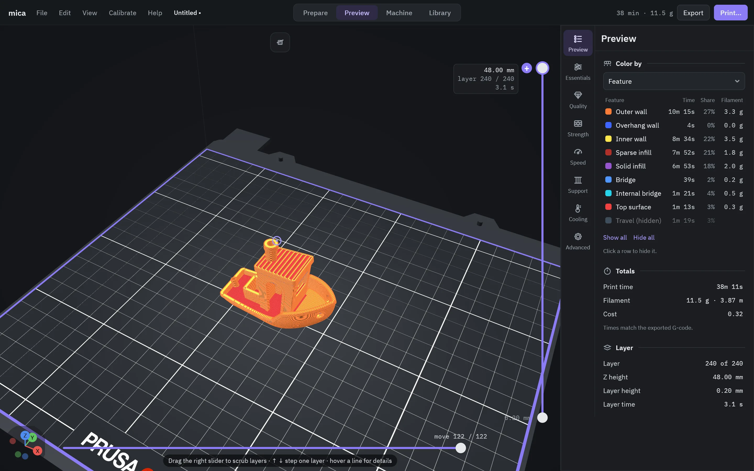 Mica Slicer preview of a sliced 3DBenchy with the layer slider and the preview sidebar