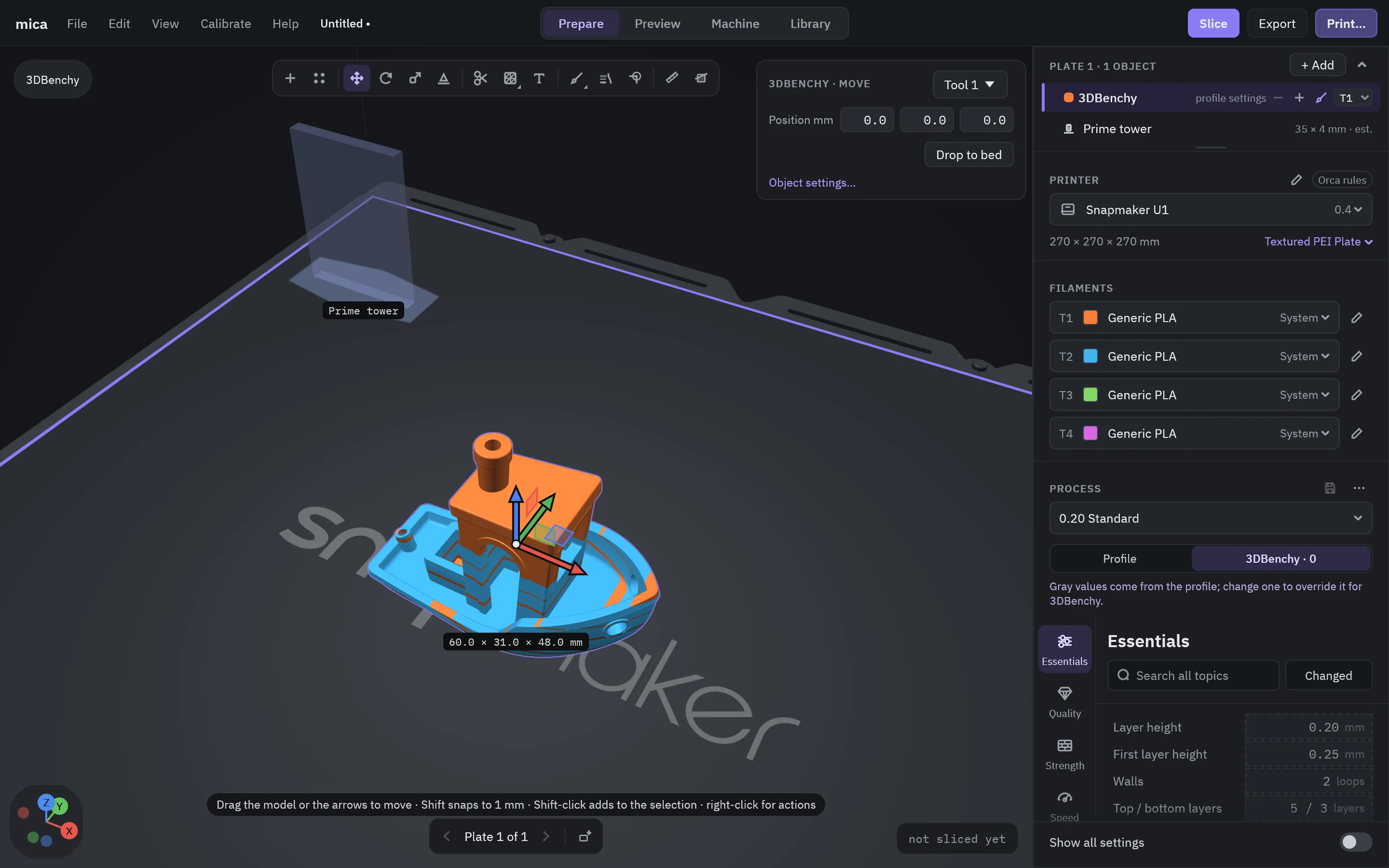 Snapmaker U1 plate with a two-color painted 3DBenchy, the prime tower and four filament slots